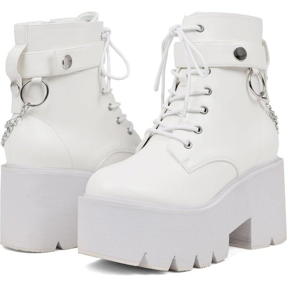 Women's Vegan Leather White Chunky Wedge Lace Up & Zipper Ankle Heel Party Boots - Picture 3 of 6